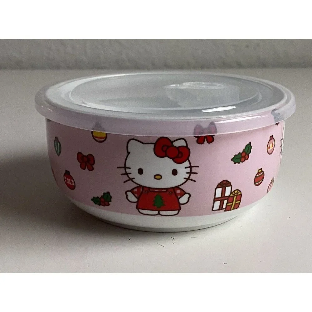 Hello Kitty Christmas Pressure Lid Ceramic Food‎ Storage Bowl Pink MEDIUM NEW